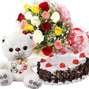 1/2 Kg Black forest Cake, 12 Mixed Roses n Teddy